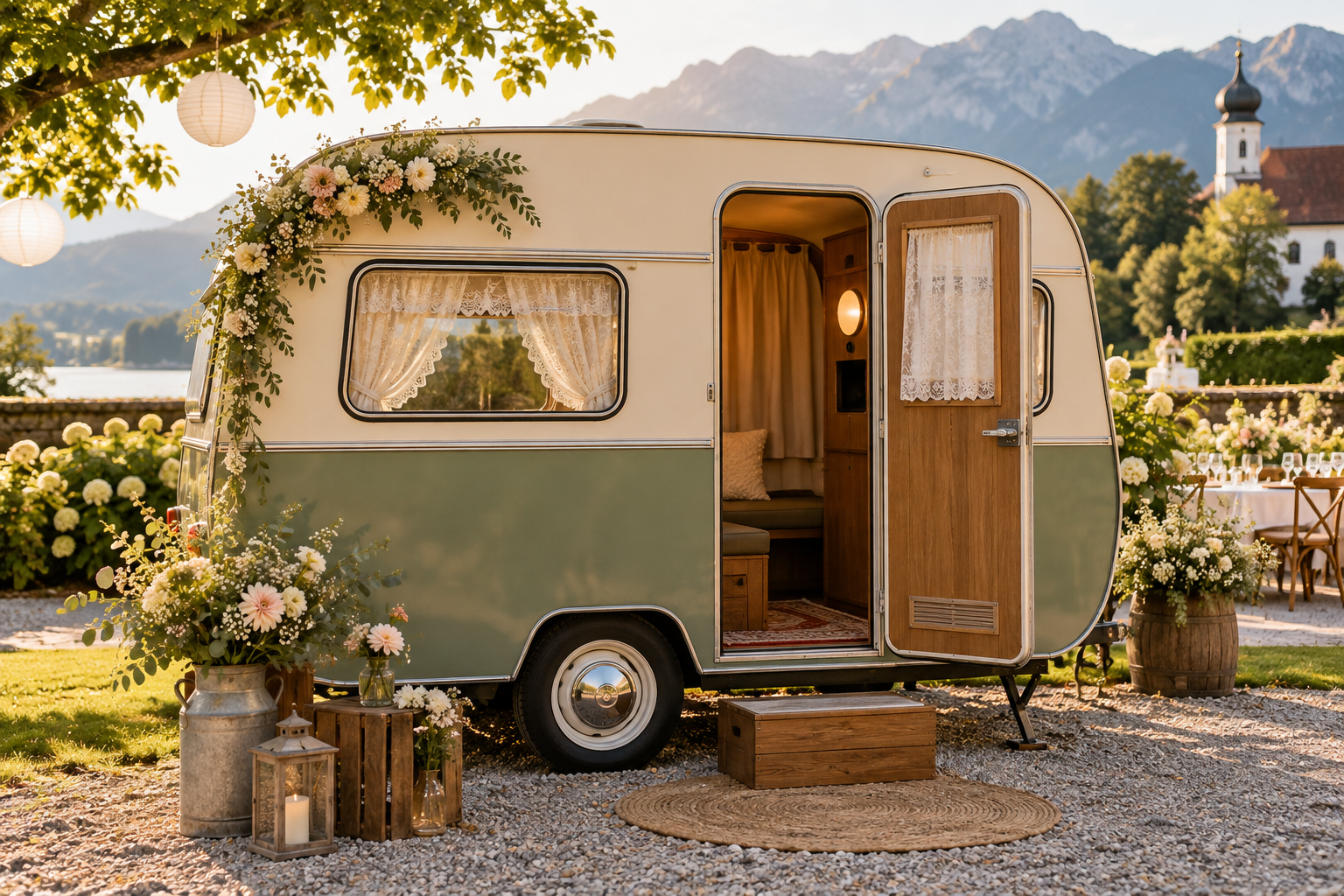 KI-Beispielbild: cremefarbener Vintage-Wohnwagen mit Blumen im Garten