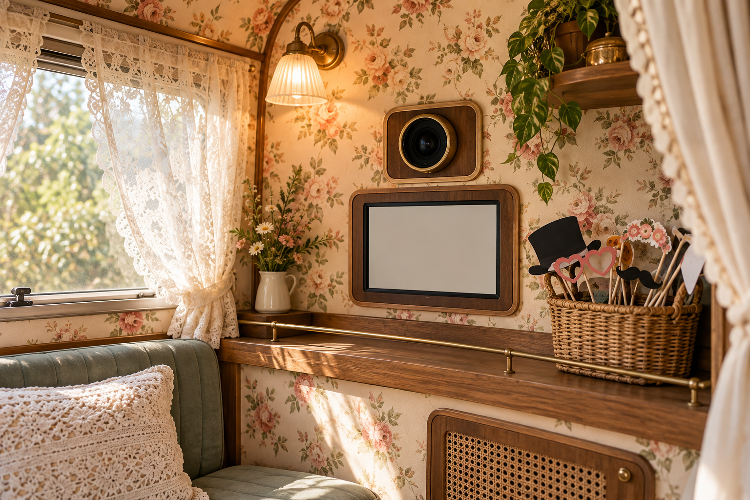 KI-Beispielbild: Fotobox-Kamera und Bildschirm mit Blümchentapete, Spitzengardinen und Accessoires
